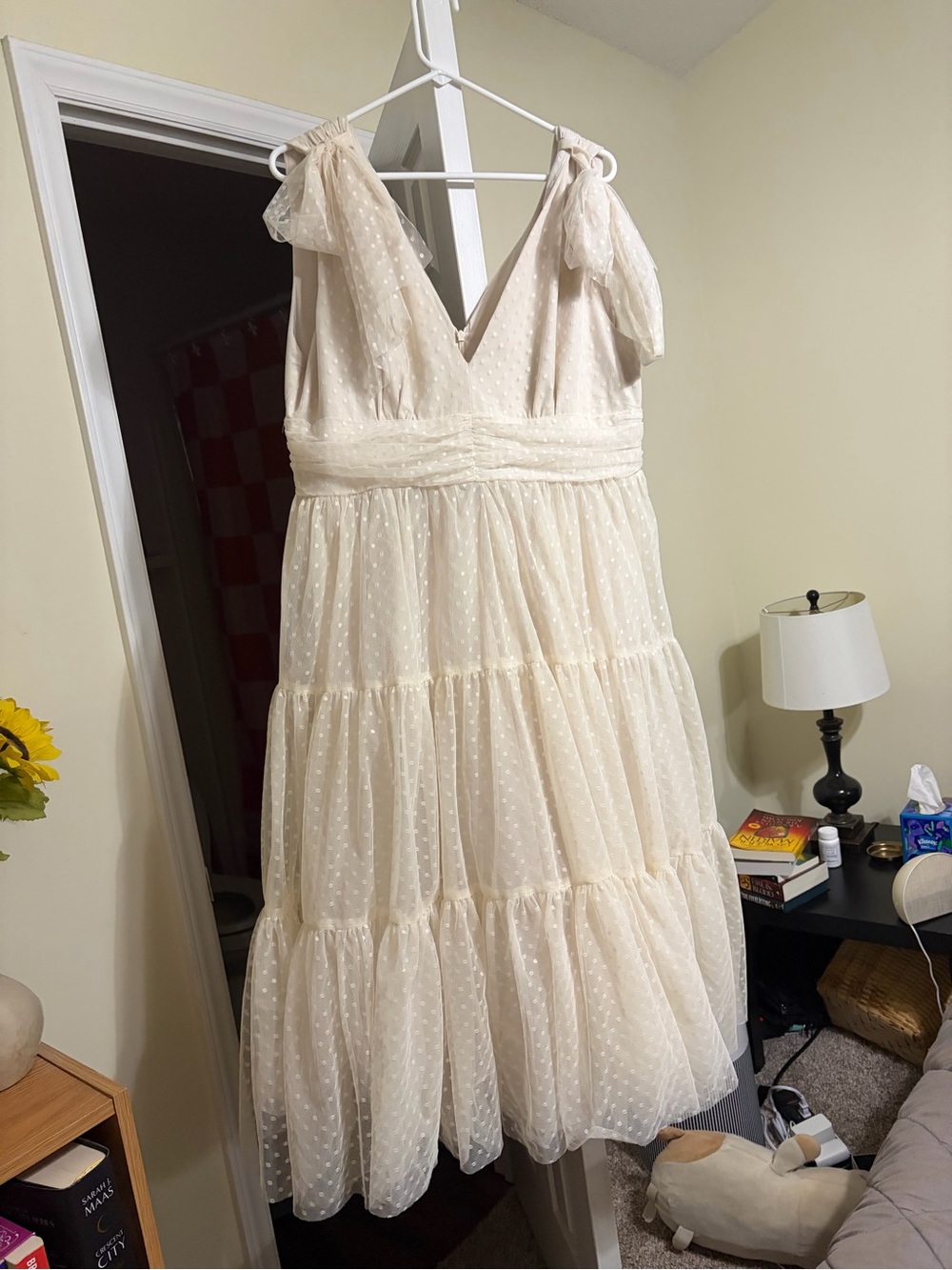 Jesaakae JEANNE Tie-Shoulder Swiss Dot Tiered Midi Dress in Cream